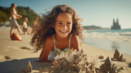 Little Girl Laying on Top of Sandy Beachの素材