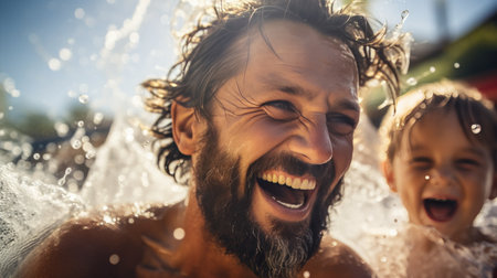 Man and Little Girl Playing in the Waterの素材