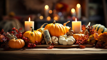 Table With Plate of Pumpkins and Candleの素材