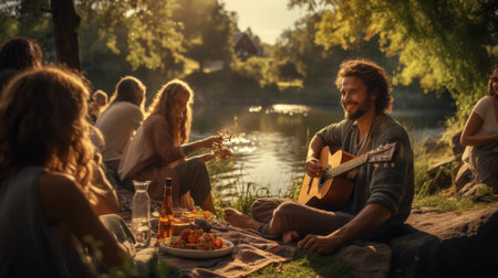 Group of People Sitting Around a Table in a Parkの素材