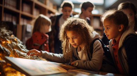 Group of Children Reading a Book in a Libraryの素材
