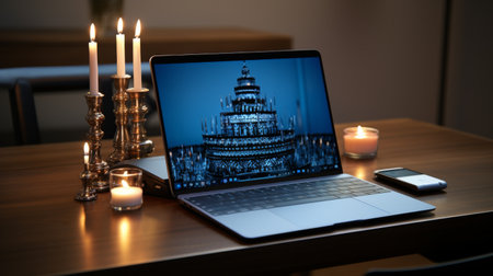 Laptop Computer Sitting on Top of Wooden Tableの素材