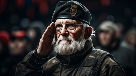 Older Man in Military Uniform Gazes at the Cameraの素材