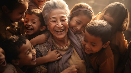A Group of Children and an Older Woman Smilingの素材