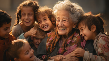 A Group of Children and an Older Woman Smilingの素材