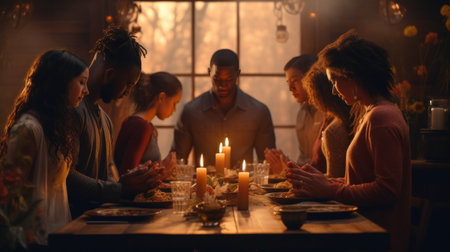 Group of People Sitting Around a Table With a Lit Candleの素材