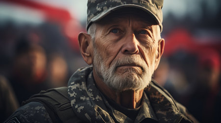 Older Man in Military Uniform Gazes at the Cameraの素材