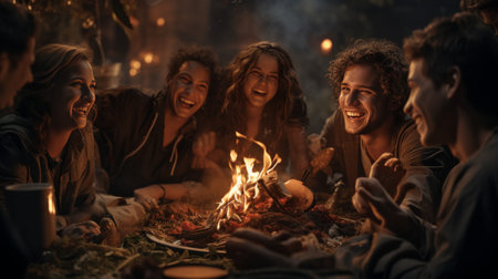 Group of People Sitting Around a Fire Pitの素材
