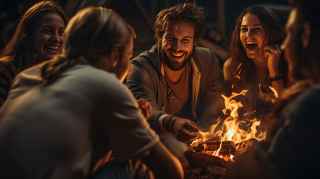 Group of People Sitting Around a Fire Pitの素材