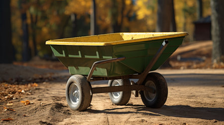 Green and Yellow Wheelbarrow on Dirt Roadの素材
