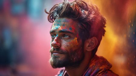 Man With Long Hair and Beard Standing in Front of Colored Smokeの素材