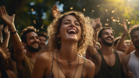 Woman Laughing and Dancing in a Crowdの素材