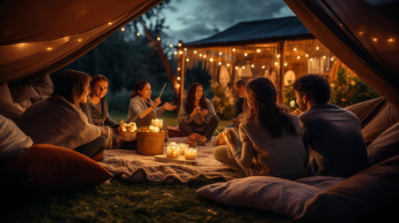 Group of People Sitting in a Tent at Nightの素材