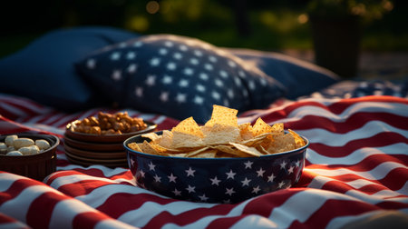 Bowl of Crackers and Popcorn on an American Flag Blanketの素材