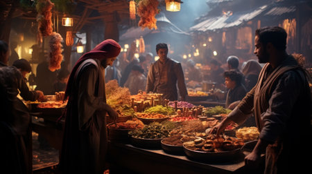 Group of People Standing Around a Marketの素材