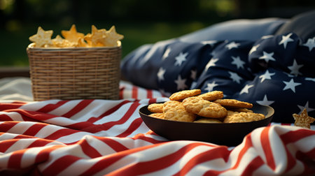 Bowl of Crackers and Popcorn on an American Flag Blanketの素材