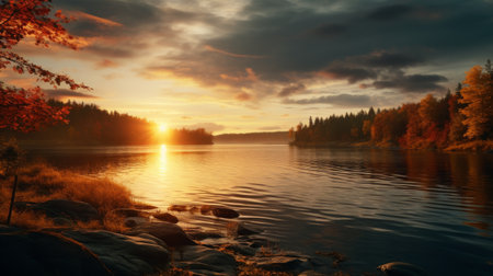 Painting of a Sunset Over a Lakeの素材