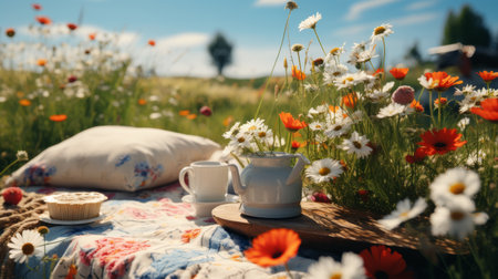 A Picnic With Flowers and a Basket of Foodの素材