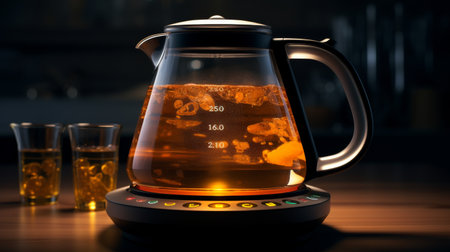 Glass Tea Pot Filled With Tea on Top of a Tableの素材
