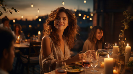 Woman Sitting at Table With Glass of Wineの素材