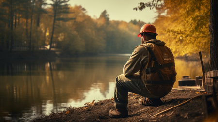 Man Sitting on Bench Next to Body of Waterの素材