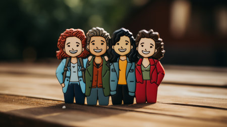 Group of Cartoon Characters Sitting on Top of a Wooden Tableの素材