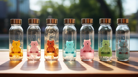 A Row of Glass Bottles on a Wooden Tableの素材