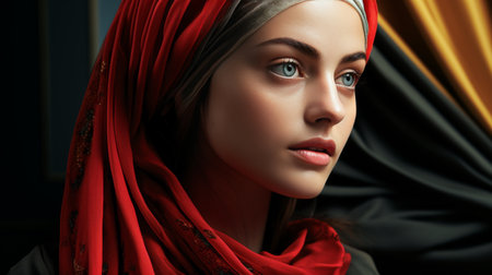 Woman in Headscarf Surrounded by Colorful Feathersの素材