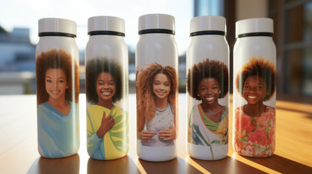 A Group of Six Water Bottles Sitting on Top of a Tableの素材