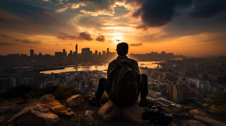 Man Sitting on Top of Mountain Overlooking Cityの素材
