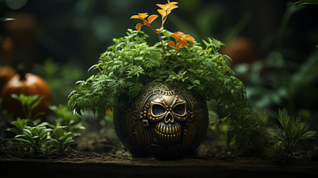 Skull Planter Sitting on Table Next to Potted Plantの素材