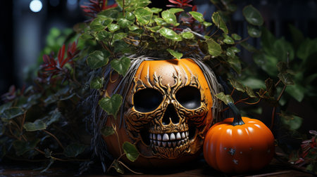 Pumpkin With Face Made of Leavesの素材