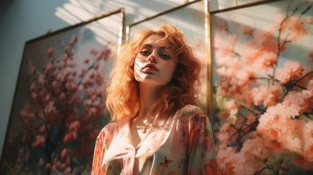 Woman Standing in Front of Painting of Flowersの素材