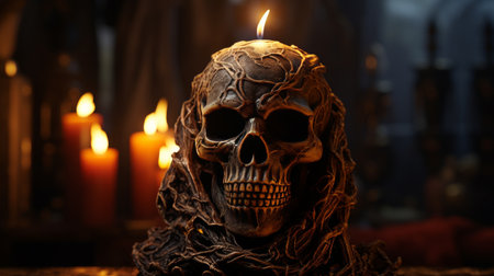 Decorative Skull Candle With a Burning Flameの素材