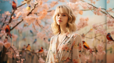 Woman Standing in Front of Painting of Flowersの素材