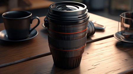 Camera Lens on Wooden Tableの素材