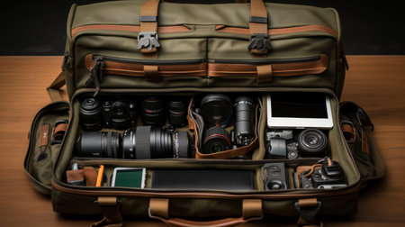 A Camera Bag Filled With Various Camerasの素材