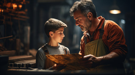Man and Boy Examining a Mapの素材