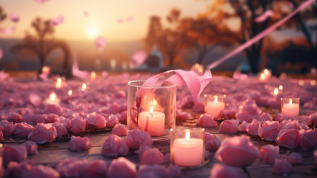 Candle Surrounded by Pink Petals in Parkの素材