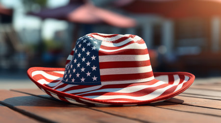 Red, White, and Blue Hat on Wooden Tableの素材