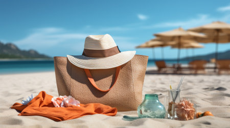 Womans Hat and Purse Resting on a Beachの素材