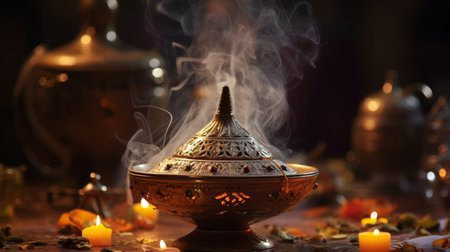 A Lit Candle Surrounded by Flowers and Candlesの素材