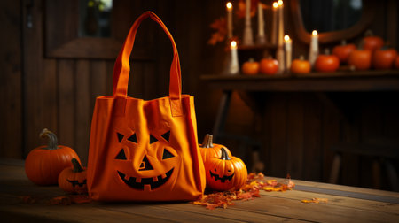 Pumpkin Bag on Wooden Tableの素材