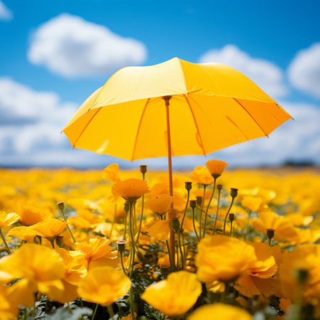 A Field of Yellow Flowers With a Yellow Umbrellaの素材