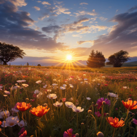 Field of Flowers With Setting Sun