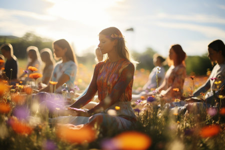 Group of People Practicing Yoga in a Fieldの素材