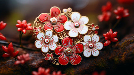 Red and White Flower Brooch on Wooden Tableの素材