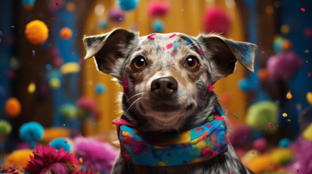 Brown Dog With Colorful Confetti on Its Faceの素材