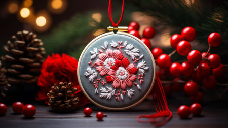 A Picture of a Cross-Stitch Ornament on a Tableの素材