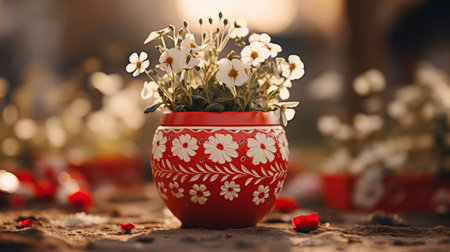 A Red Flower Pot on a Tableの素材